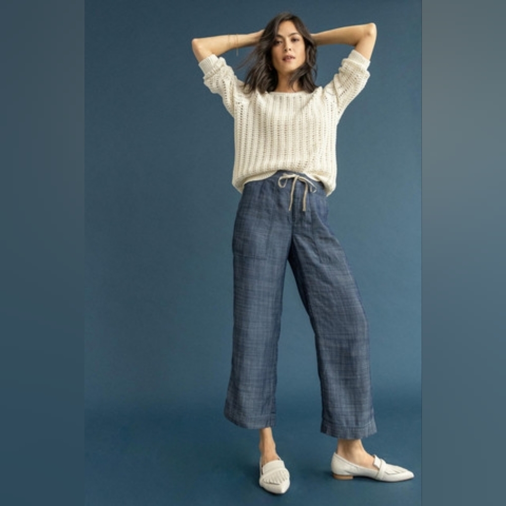 Lilla P Chambray Tencel Linen Blend Wide Leg Cropped Pants Size M